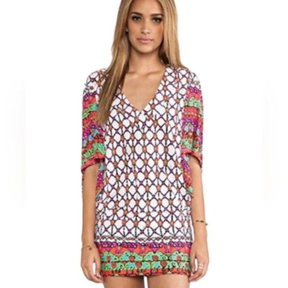 Trina Turk Geometric Mosaic Print Kimono Sleeve V-Neck Mini Dress Swim Multi XS